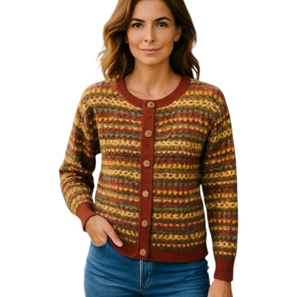 Wool Made In Scotland Old Money Tan/Burgundy Patterned Cardigan Sz S - Picture 1 of 11